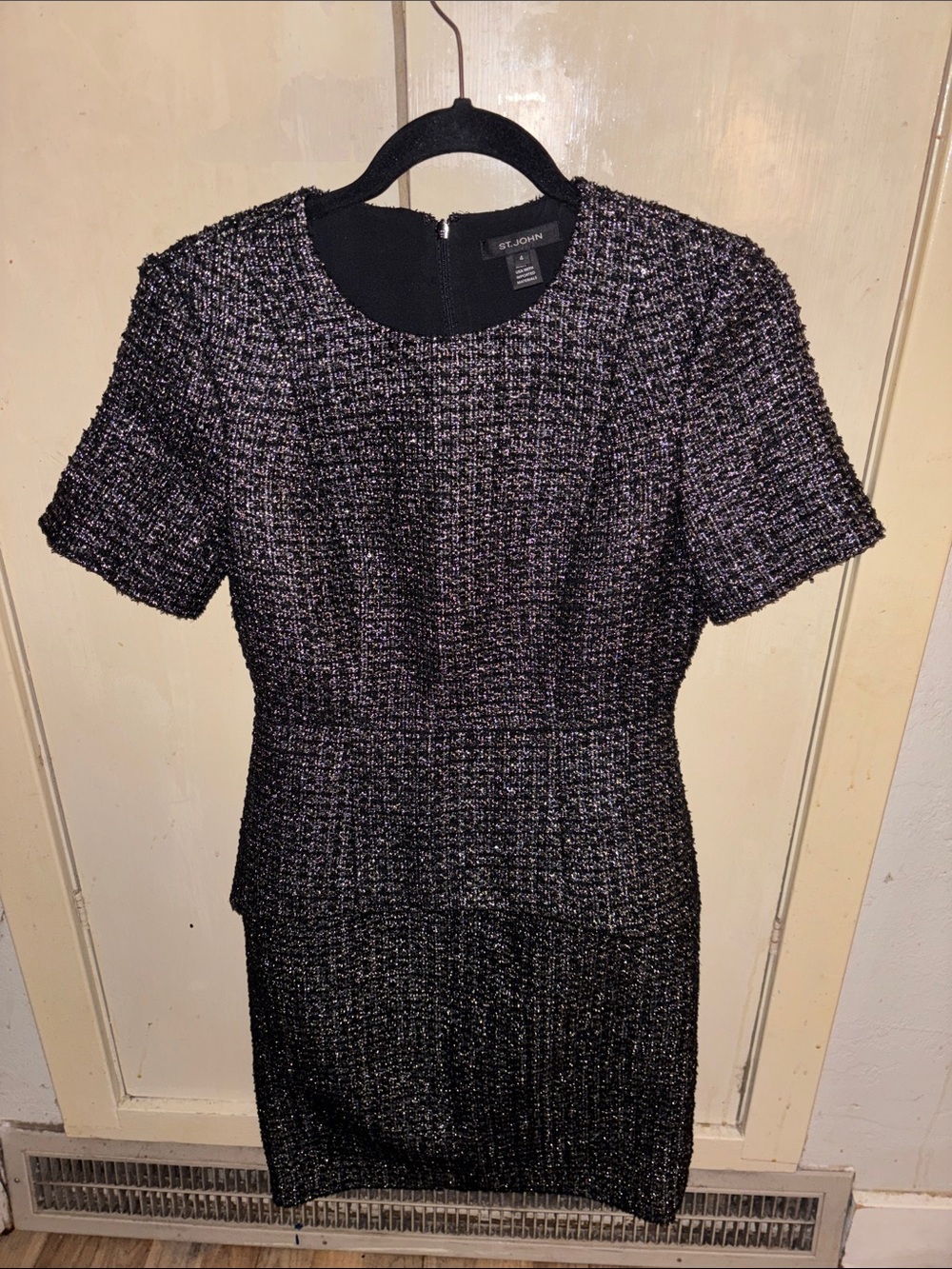 St. John Black and Silver Tweed Short Sleeve Sheath Dress